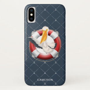 Funny Waving Pelican Nautical Navy Monogram iPhone X Case