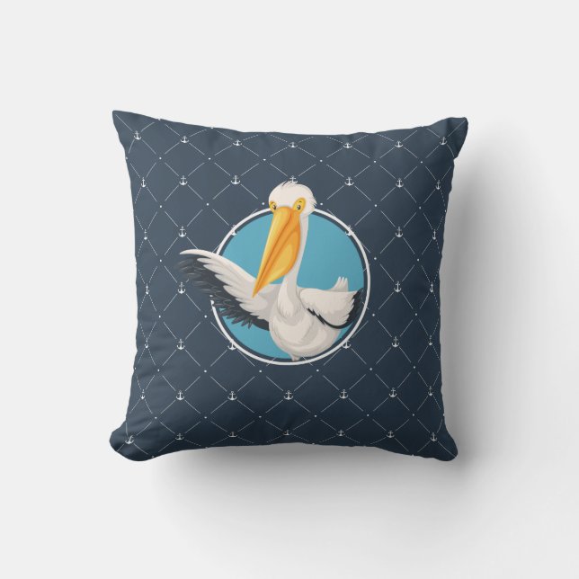 Funny Waving Pelican Navy Nautical Pattern Cushion (Front)
