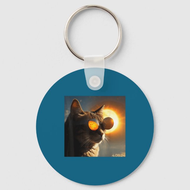 Funny Wearing Solar Eclipse Cat Eclipse Glasses Key Ring (Front)