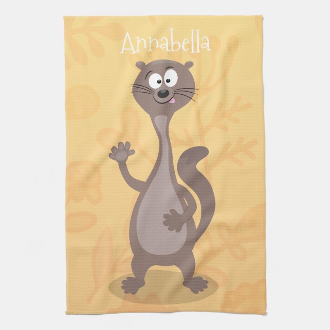 Funny weasel waving cartoon illustration tea towel (Vertical)