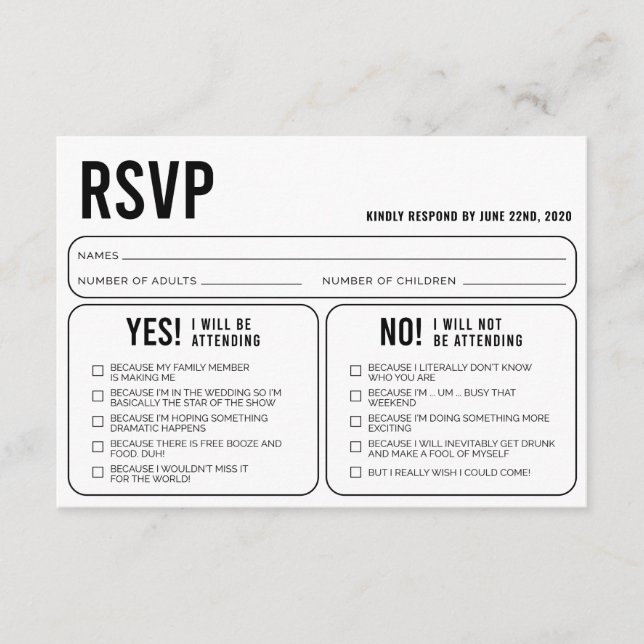 Funny Wedding Response RSVP Enclosure Card (Front)