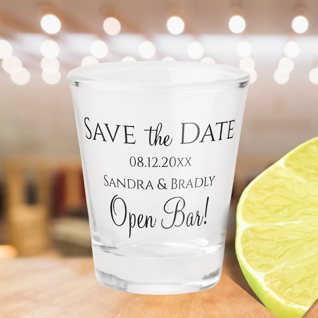 Funny Wedding Save the Date Black Open Bar Shot Glass (Creator Uploaded)