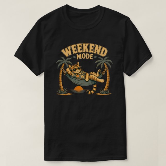 Funny Weekend Mode Cat Design T-Shirt (Design Front)