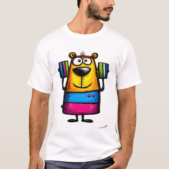 Funny Weightlifting Bear Cartoon T-Shirt (Front)