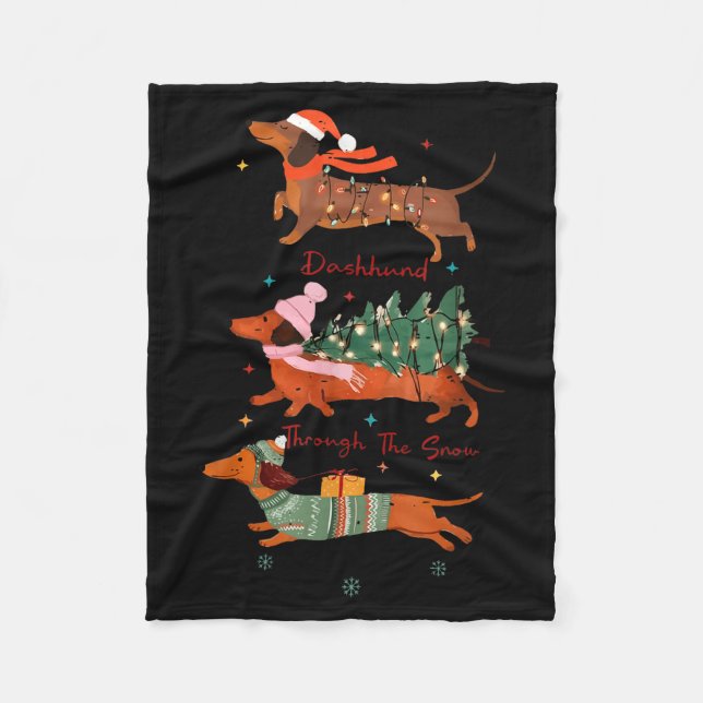 Funny Weiner Dog Dachshund Through The Snow Merry  Fleece Blanket (Front)
