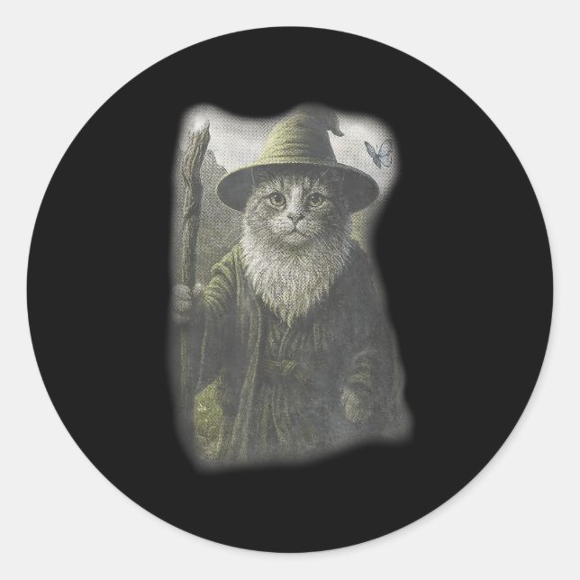 Funny Weird Kitten Wizard Ghost Cat Meme Catdalf H Classic Round Sticker (Front)