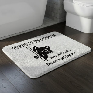 Funny Welcome to the Bathroom: The Cat Is Judging Bath Mat