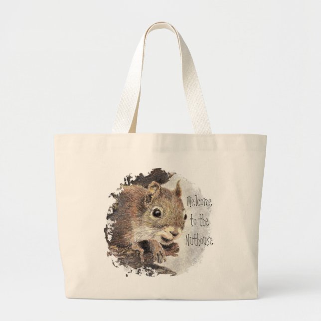 Funny, Welcome to the Nuthouse, Squirrel, Animal Large Tote Bag (Front)