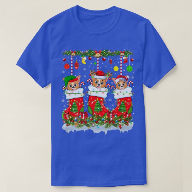 Funny Welsh Corgi Dog In Xmas Socks Lights Christm T-Shirt (Design Front)