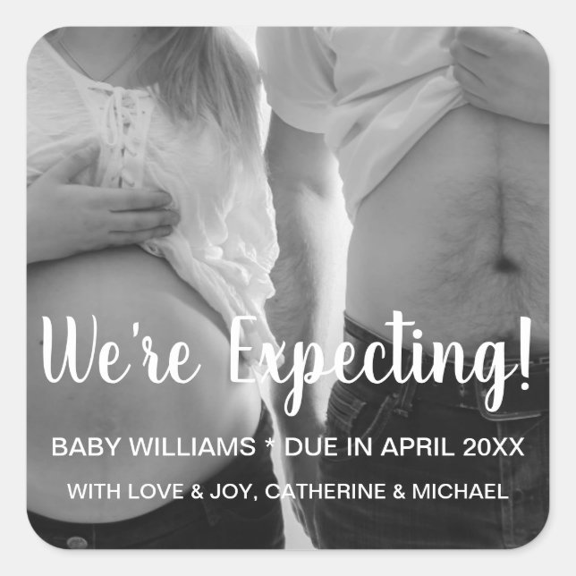 Funny We're Expecting Photo Birth Announcement Square Sticker (Front)