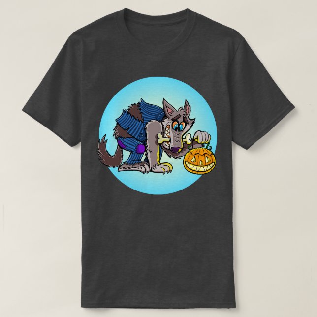funny werewolf is holding a pumpkin lamp for Hallo T-Shirt (Design Front)