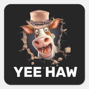 Funny western cow face yee haw country fun square sticker