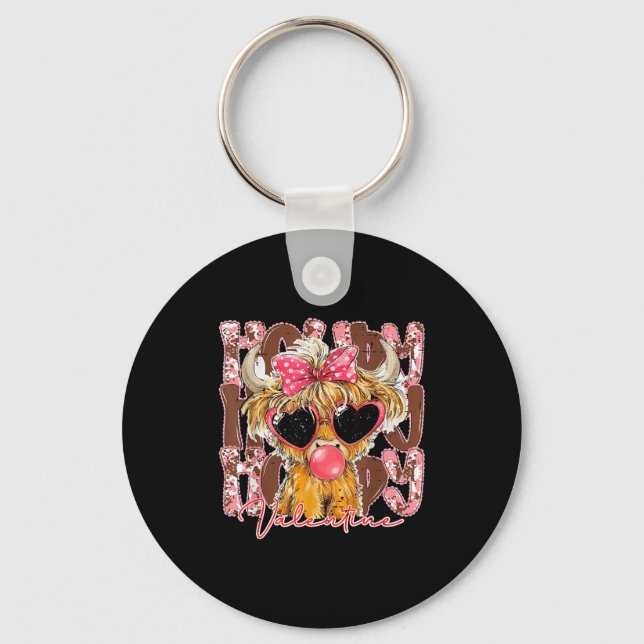 Funny Western Howdy Valentine Highland Cow Bow Lov Key Ring (Front)