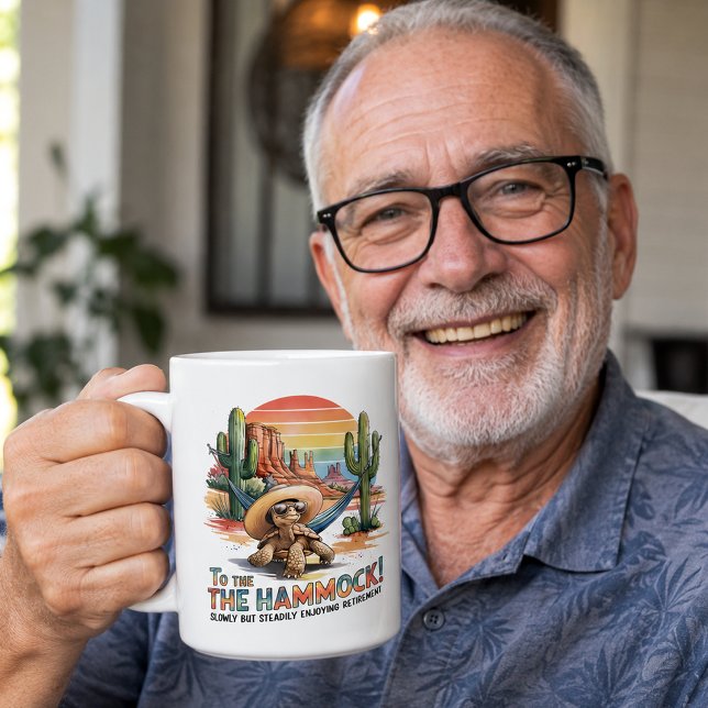 Funny Western Retirement Desert Tortoise Coffee Mug (Happy retiree showing off his favorite new retirement humor mug)