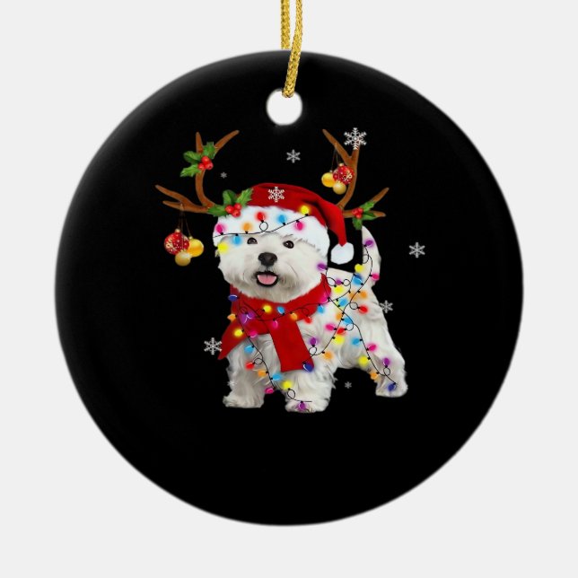 Funny Westie Christmas Tee Reindeer Christmas Ligh Ceramic Ornament (Front)