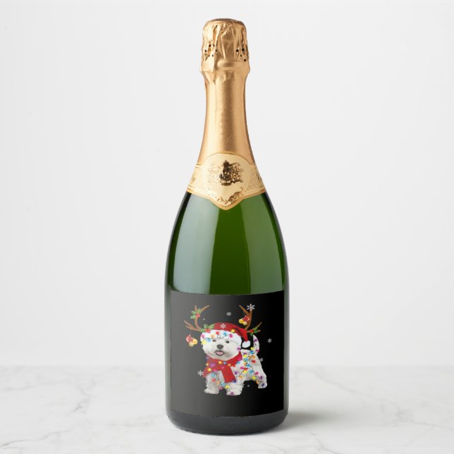 Funny Westie Christmas Tee Reindeer Christmas Ligh Sparkling Wine Label (Front)