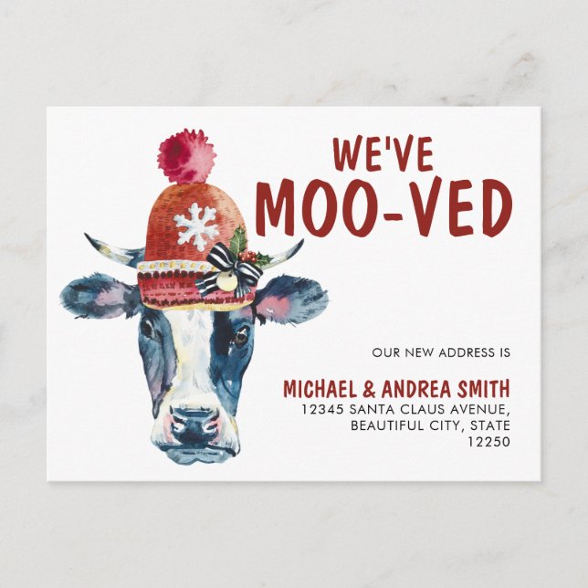 Funny We've Moo-ved Christmas Cow Holiday Moving Announcement Postcard (Front)