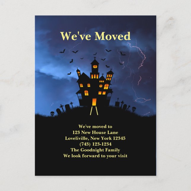 Funny We've Moved Spooky Black Haunted House Postcard (Front)