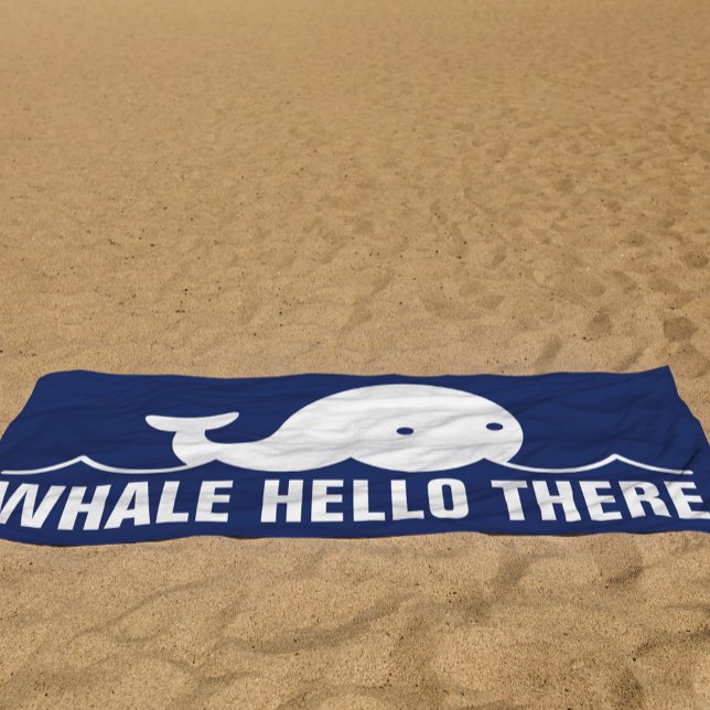 Funny Whale Hello There Pun White Blue Beach Towel (Creator Uploaded)