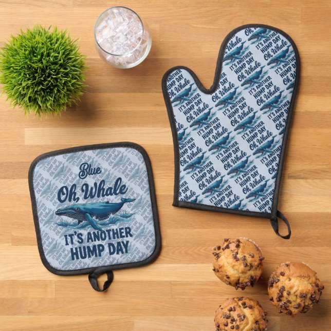 Funny Whale Pun "Oh Whale" Hump Day Design Oven Mitt & Pot Holder Set (Top Down)