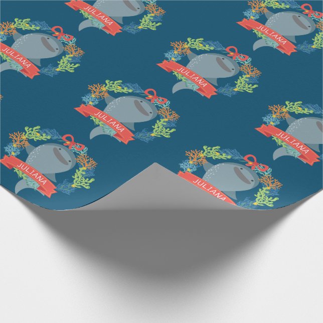 Funny Whale Shark With Name Christmas Wrapping Paper (Corner)