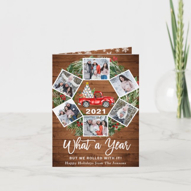 Funny What a Year Christmas Red Truck 6 PHOTO Holiday Card (Front)