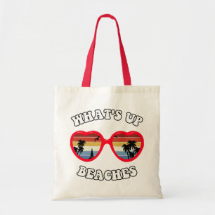 Funny 'What's Up, Beaches' Retro Sunset Sunglasses Tote Bag