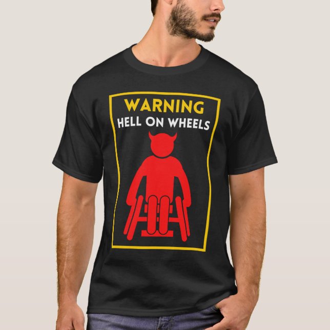 Funny Wheelchair Hell Devil Horns Warning Handicap T-Shirt (Front)