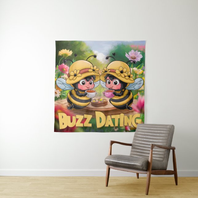 Funny Whimsical Bees Buzz Dating Tapestry (In Situ)