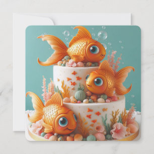 FUNNY WHIMSICAL BIG EYED GOLDFISH BIRTHDAY CAKE CARD