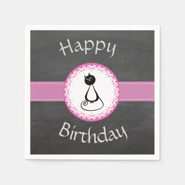 Funny  whimsical black cat chalkboard birthday napkin (Front)