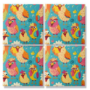 Funny Whimsical Cartoon Abstract Chickens Ceramic Tile