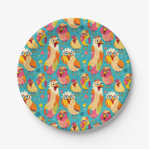 Funny Whimsical Cartoon Abstract Chickens Paper Plate