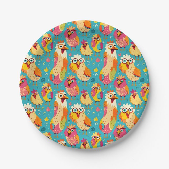 Funny Whimsical Cartoon Abstract Chickens Paper Plate (Front)