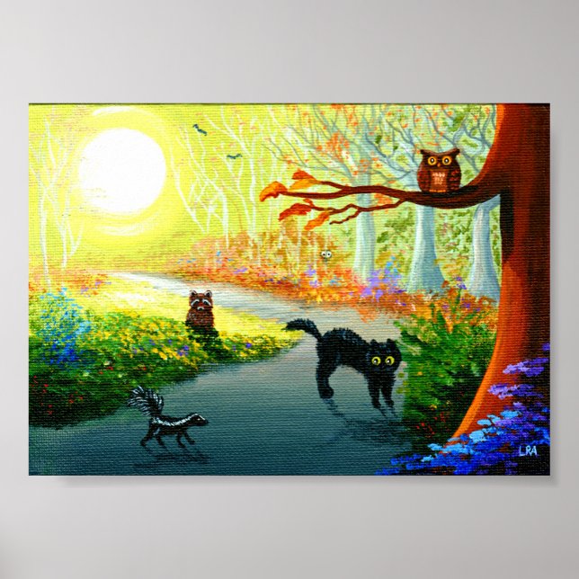 Funny Whimsical Cat Owl Skunk Racoon Forest Poster (Front)