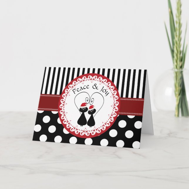 Funny whimsical Christmas cat couple pattern Holiday Card (Front)