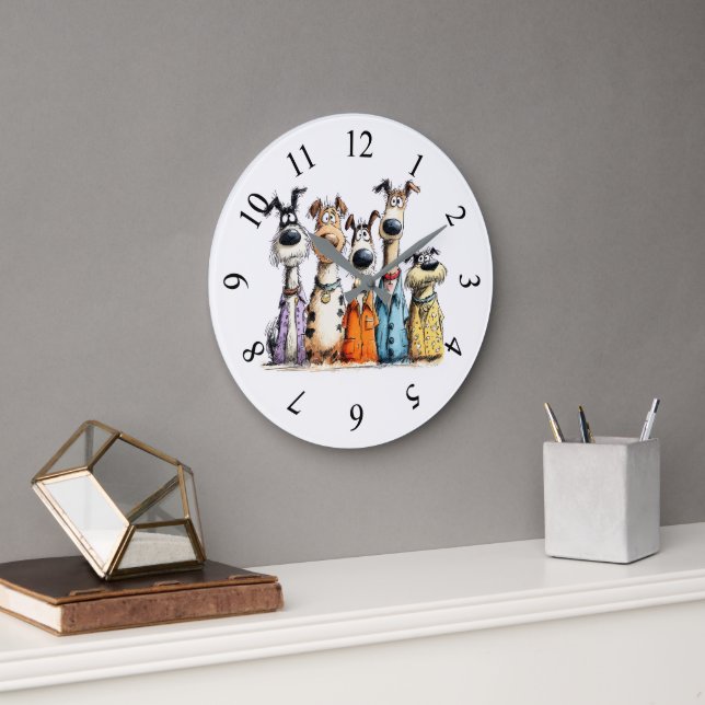 Funny whimsical dogs large clock (Office)