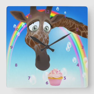 Funny Whimsical Giraffe, Cupcake & Rainbow Square Wall Clock