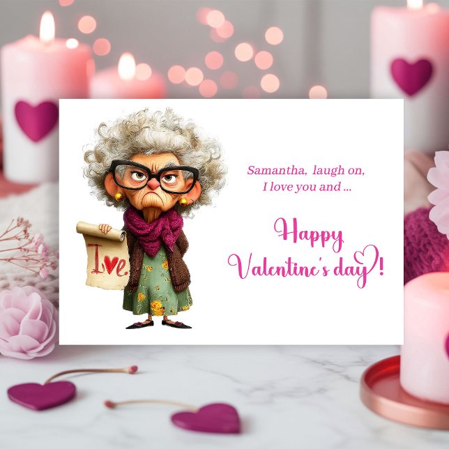 Funny Whimsical Lady Bringing Charm Valentine Holiday Card (Funny Whimsical Lady Bringing Charm Valentine)