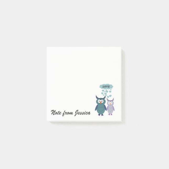 Funny whimsical owl love couple personalised post-it notes (Front)