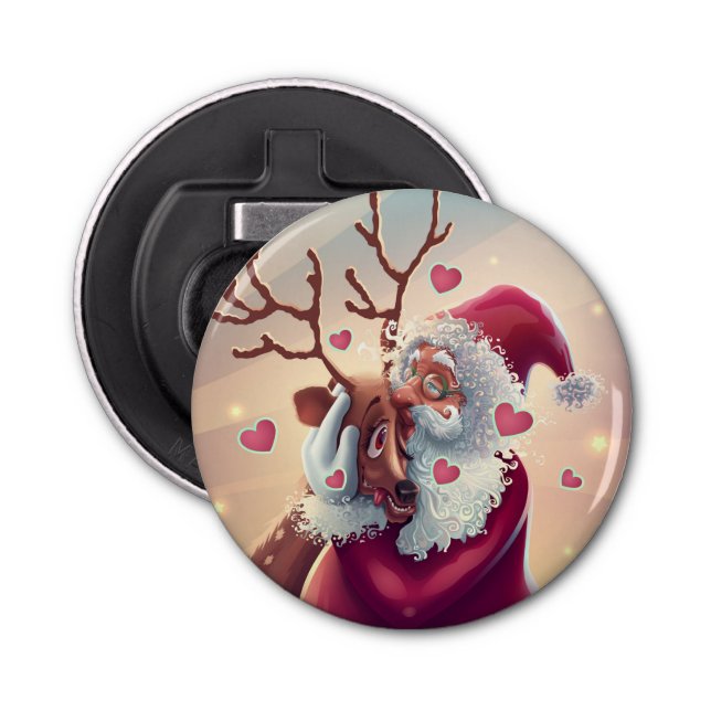 Funny Whimsical Santa And Reindeer Festive Holiday Bottle Opener (Front)