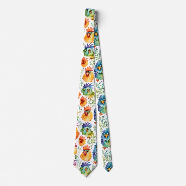 Funny Whimsical Watercolor Style Chickens Tie (Front)