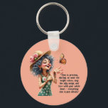 Funny Whimsical Woman  Key Ring<br><div class="desc">Carry a little joy everywhere you go with this delightful key chain featuring a whimsical, free-spirited illustrated woman in a fabulous floral hat, sharing a moment with a fluttering butterfly — and a quote that says it all: "Time is precious, darling, so wear the bright colors, sing the silly songs,...</div>