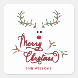 Funny whimsy holly berry reindeer Holiday  Square Sticker