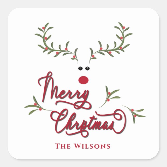 Funny whimsy holly berry reindeer Holiday  Square Sticker (Front)