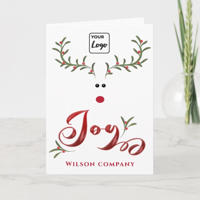 Funny whimsy holly reindeer joy logo holiday card (Front)