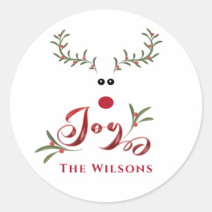 Funny whimsy holly reindeer joy non photo Holiday Classic Round Sticker