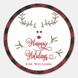 Funny whimsy holly reindeer plaid Happy Holidays Classic Round Sticker