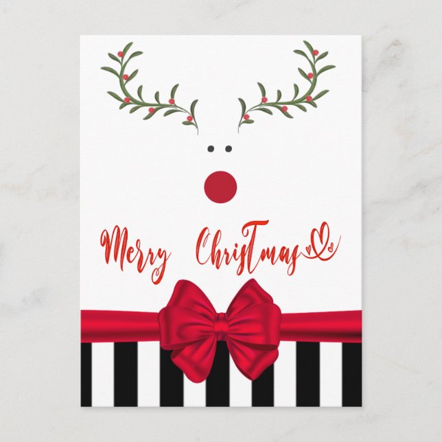 Funny whimsy holly reindeer red bow  holiday card (Front)