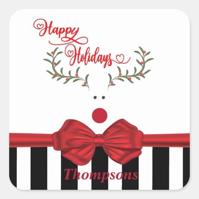 Funny whimsy holly reindeer red bow  square sticker (Front)